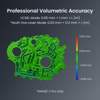 Revopoint Range 3 capturant la géométrie d'un objet avec une exactitude volumétrique de 0,05 mm plus 1 mm par mètre